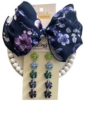 Scunci Floral Navy Hair Bow with Multicolor Flower Clips you get both